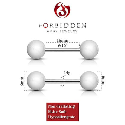 Forbidden Body Jewelry 14 g 16 mm Stainless Steel Nipple or Tongue Ring Barbell Set with Acrylic Balls (Choose Color) - style: White