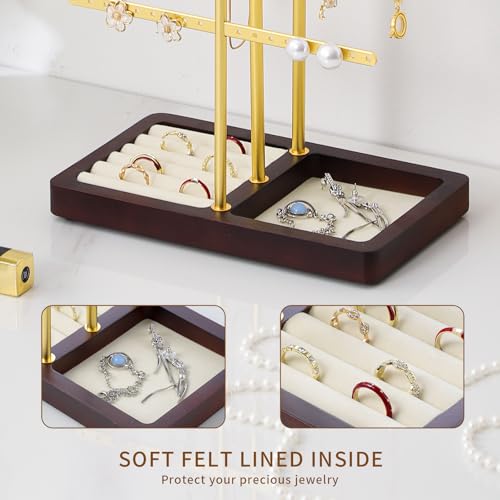 modern T-shaped jewelry rack, jewelry tower, gold metal, square ceramic base decoration display tower, necklace, bracelet, ring storage rack (2-layer beige velvet) - style: 2-layer beige velvet