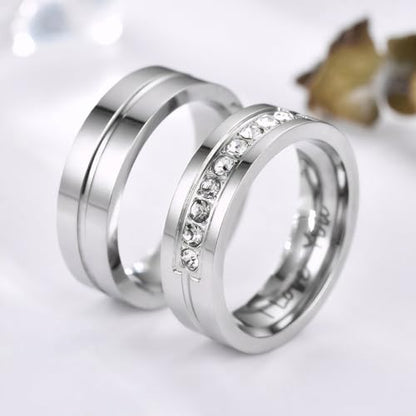 Couple Rings for Him and Her Stainless Steel Matching Promise Ring Princess Cut Bridal Couple Wedding Engagement Bands Cubic Zirconia CZ Band for Women Men Lover Jewelry Gifts Comfort Fit 5-15 - color: B,silver,I LOVE YOU,with zircon,1pc