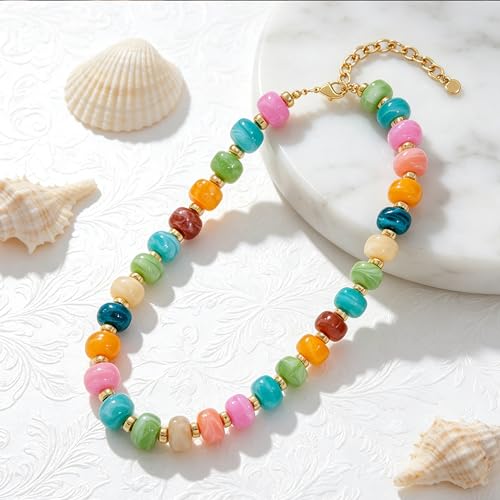 YUJIE Chunky Heart Pendant Necklace for Women- Exaggerated Statement Puff Heart Necklace with Acrylic Beaded Chain - color: A-Multicolour-1