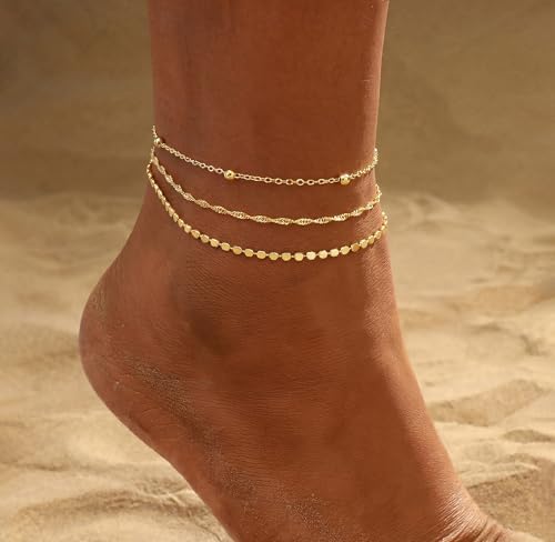 Gold Ankle Bracelets for women,14k Gold/Silver Plated Waterproof Layered lightweight Bow Beaded Twisted Chain Cross Butterfly Satellite Ankle Bracelets Set Gold Anklets for women Trendy Summer Beach Jewelry Gift for Women - style: 3 anklets twisted satell