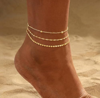 Gold Ankle Bracelets for women,14k Gold/Silver Plated Waterproof Layered lightweight Bow Beaded Twisted Chain Cross Butterfly Satellite Ankle Bracelets Set Gold Anklets for women Trendy Summer Beach Jewelry Gift for Women - style: 3 anklets twisted satell