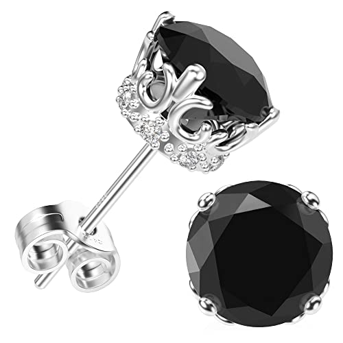 Round Cut Cubic Zirconia Stud Earrings for Men Women | Brilliant CZ Simulated Diamond, 18K White Gold Plated Sterling Silver, Hypoallergenic - color: Black