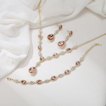 EleQueen Women's Wedding Bridal Jewelry Sets for Brides Bridesmaids, Cubic Zirconia Teardrop Necklace Tennis Bracelet Dangle Earrings Jewellery Set - color: 09-Champagne Color Gold-Tone