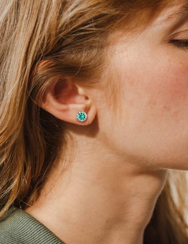 Dainty Birthstone Earrings for Women Sterling Silver Small Stud Earrings with Halo Cushion/Round Created Gemstone Earrings Birthstone Jewelry - style: B 05. May/created emerald-round cut