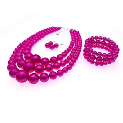JNF Faux Pearl Statement Necklaces Big Beaded Necklace for Women Chunky Pearls Necklace and Earring Set Large beads Costume Necklace - color: Fuchsia pearl necklace