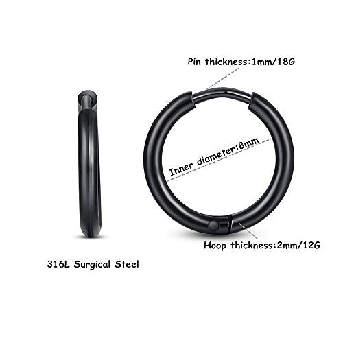 FOSIR Stainless Steel Small Huggie Hoop Earrings for Women Men Cartilage Earring Hoops, 6/8/10/12mm Diameter - style: 8mm Black(2pcs)