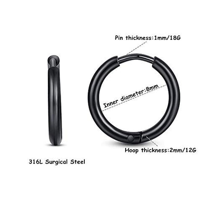 FOSIR Stainless Steel Small Huggie Hoop Earrings for Women Men Cartilage Earring Hoops, 6/8/10/12mm Diameter - style: 8mm Black(2pcs)