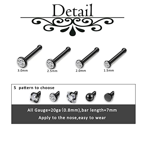 AllerPierce 20G 20Pcs Nose Studs Rings Stainless Steel CZ L Shape Bone Screw Stud Nose Piercing Jewelry for Women Men Hypoallergenic Nose Pin 1.5mm 2mm 2.5mm 3mm - color: Black - Straight
