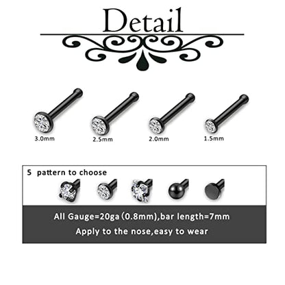 AllerPierce 20G 20Pcs Nose Studs Rings Stainless Steel CZ L Shape Bone Screw Stud Nose Piercing Jewelry for Women Men Hypoallergenic Nose Pin 1.5mm 2mm 2.5mm 3mm - color: Black - Straight