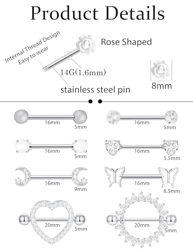 9 Pairs 14G Stainless Steel Nipple Rings Tongue Ring Straight Nipple Barbells Cute Butterfly Rose Opal Moon Heart CZ Body Piercing Jewelry for Women Pink Silver Tone