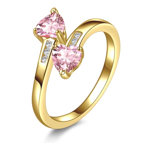 Yaresul 1CT Adjustable Women Heart Ring 14K Gold Plated Birthstone Rings for Women Promise Ring for her Simulated Gemstone Statement Stackable Band Width 2mm Open Size 5~9 - color: J-October-Created Pink Tourmaline