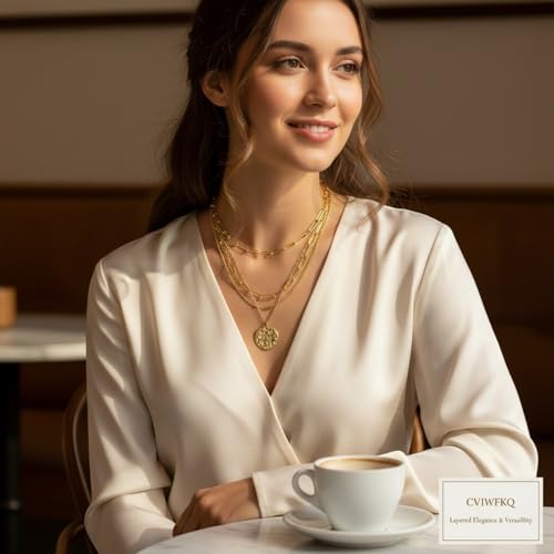 3Pcs Set Gold/Silver Layered Necklaces 14K Gold Plated Dainty Coin Pendant Beaded Paperclip CZ Chain for Women Hypoallergenic Stackable Choker Necklace Set Gifts - color: Gold 3 Pcs Coin