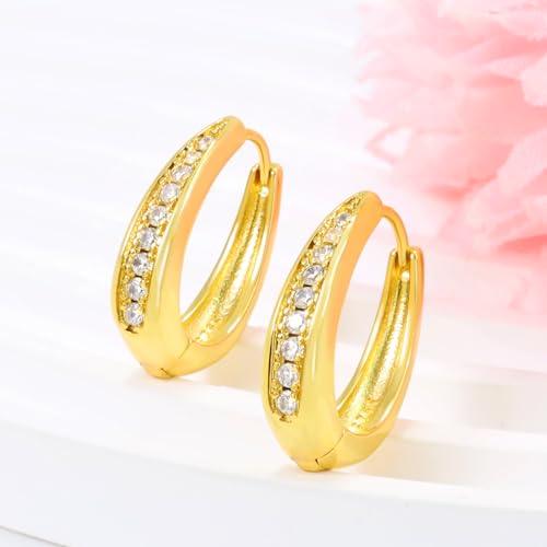 Hoop Earrings for Women Chunky Huggie Hoop Earrings Gold Sterling Silver Cz Oval Hoop Earrings Lightweight Chunky Thick Hoops Dainty Hypoallergenic Jewelry for Mom Wife Birthday Party Gifts - color: Gold