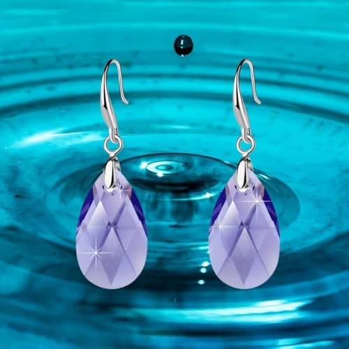 Austrian Crystal Teardrop Dangle Hook Earrings for Women 14K Gold Plated Hypoallergenic Jewelry - color: Tanzanite