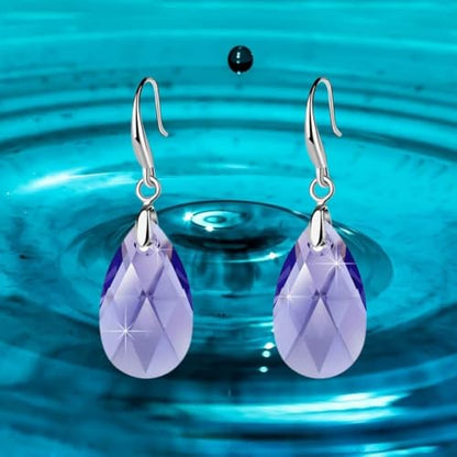 Austrian Crystal Teardrop Dangle Hook Earrings for Women 14K Gold Plated Hypoallergenic Jewelry - color: Tanzanite