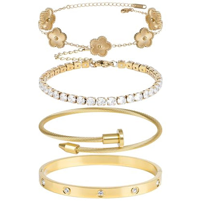 Bracelet Bangle Set, 4pcs Stackable Four Leaf Gold Bracelet Set for Wife Mom Girlfriend - color: Gold (K1)