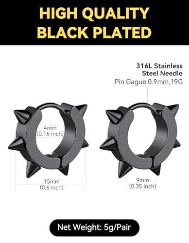 ChainsHouse Stud Earrings for Men Women,316L Stainless Steel/14K Gold/Black Plated Metal, Punk Hypoallergenic Surgical Huggie Hoop Earrings Mens Jewelry Piercing Hoop Earrings - style: D: Black-Spike(1 Pair)