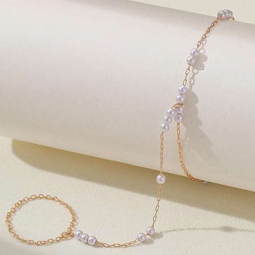 AceFun 1PC Gold Hand Chain Bracelet for Women Rhinestones Crown Pearls Beads Finger Ring Bracelets Trendy Dainty Simple Waterproof Bracelet Fashion Body Jewelry for Ladies - color: Pearls