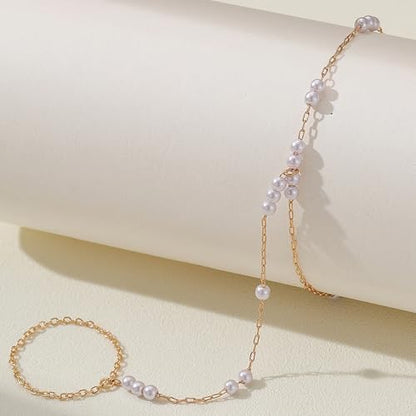 AceFun 1PC Gold Hand Chain Bracelet for Women Rhinestones Crown Pearls Beads Finger Ring Bracelets Trendy Dainty Simple Waterproof Bracelet Fashion Body Jewelry for Ladies - color: Pearls