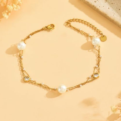 NONAMOIS 18K Gold Plated Diamond Ankle Bracelets for Women Waterproof Gold CZ Pearl Bow Link Chain Anklets Non Tarnish Summer Beach Foot Jewelry Gifts - color: Layered CZ &Pearl-Gold
