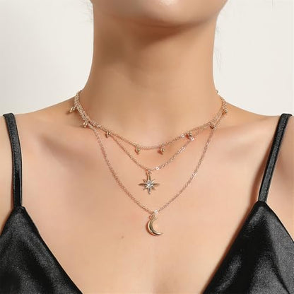 Layered Moon Star Crystal Necklace Gold Silver Plated Boho Charm Crescent Lucky Stars Small Bell Tassel Sparkly Rhinestone Cubic Zirconia Chain Necklace for Women Christmas Birthday Trendy Jewelry Gifts - color: Gold necklace