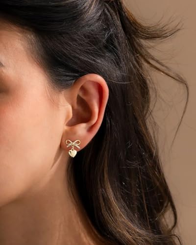 Stud Earrings for Women- 14K Gold/White Gold Plated/Black Bow Dragon Softball Snake Bat Stud Earrings - color: Bow Heart