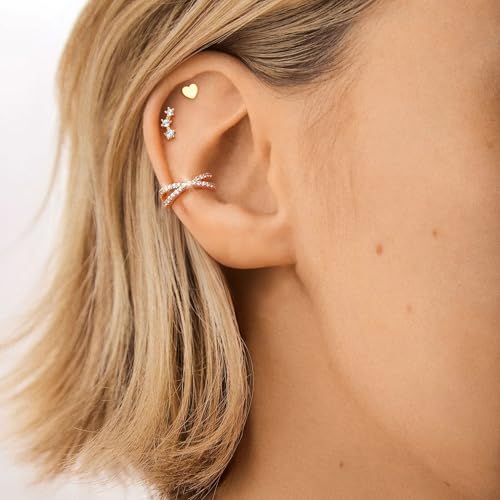 Sterling Silver Ear Cuffs Non Piercing Fake Conch Cuff Earrings for Women | 2 Pcs Adjustable Hypoallergenic Clip On Cartilage Helix Earrings with 5A Cubic Zirconia, 16K Gold Plated/Silver/Rose Gold - color: Rose gold