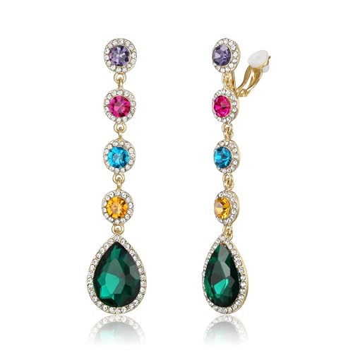 EleQueen Women's Wedding Crystal Teardrop Pear Shape 3 Inch Clip on Long Dangle Earrings for Bride Bridesmaid, Jewelry for Party Prom/Anniversary - color: Colorful Gold-Tone