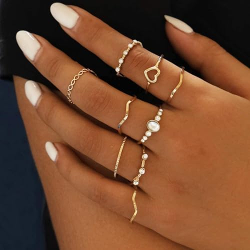 Boho Rings Set Gold Ring Crystal Joint Knuckle Finger Rings Stackable Ring Jewelry for Women (F)