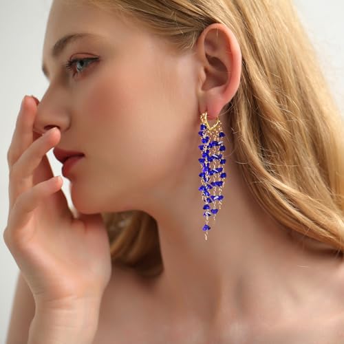 Fringe Hoop Dangle Earrings, Long Beads Tassel Chain Earrings for Women Sparkly Chandelier Earrings - color: Royal Blue