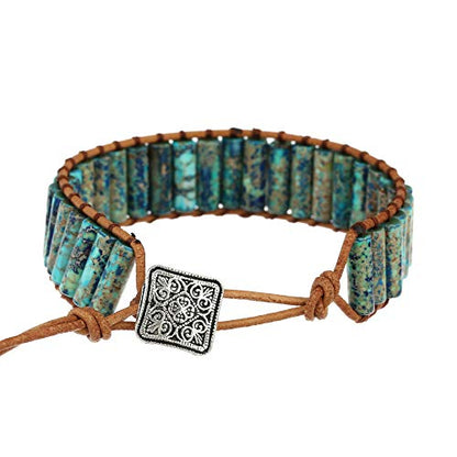 Plumiss Women Boho Handmade Natural Stone Crystal Leather Bead Wrap Bracelets Collection - style: Colorful Blue Jasper 1W