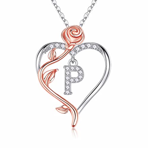Iefil Rose Heart Initial Necklace, Anniversary Birthday Gifts for Women | Gift Box Packaging, 925 Sterling Silver, Jewelry Gift for Her Wife Mom Girlfriend, Initial A-Z, 19+2inches - color: IEFIL Jewelry Box, style: P