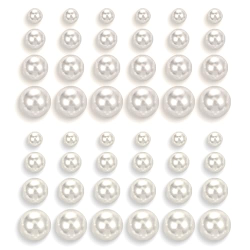 24 Pairs Pearl Studs Earrings for Women, Faux Simulated Pearl Earrings 4 Mixed Sizes Round Ball Pearls Stud Earring Set - color: Beige