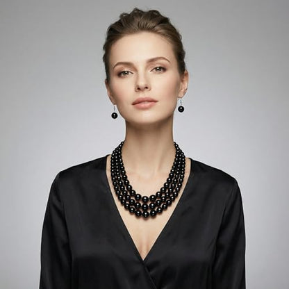 Simulated Pearl Necklace & Earring Set, Multi Strand - color: Black