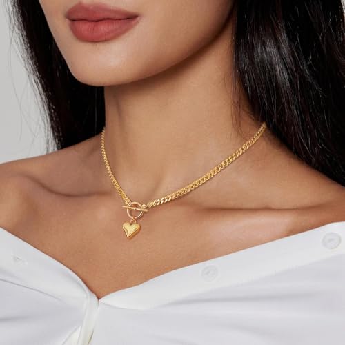 HERIER Cute Heart Necklace Dainty 18k Gold Plated Tiny Heart Pendant Choker Necklaces Small Gold Love Open Heart Chain Necklace for Women Simple Gold Necklace for Women Trendy Jewelry - color: Chunky Puffy Heart Necklace-Gold