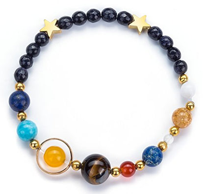 Fesciory Solar System Bracelet for Women, Universe Galaxy Beaded Jewelry | Natural Stone Beads, Universe Galaxy Design, Guardian Star Charm, Adjustable Fit, Birthday & Astronomy Planet Gifts for Loves - color: Blue Sandstone(Stretch)