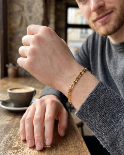 Stainless Steel 5 mm Figaro Link Chain Bracelet (6.5-8 Inches) | Diamond-Cut Figaro Chain Bracelet 5 mm for Men and Women 18K Gold & Silver - size: 18K Gold One Size