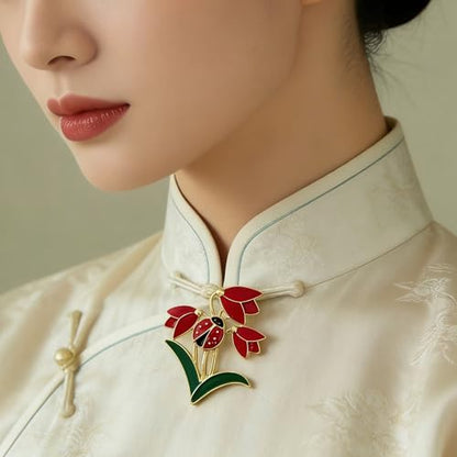 Nature Inspired Tulip Ladybug Enamel Lapel Pin Delicate Floral Brooch Creative Women Fashion Jewelry for Dress Scarf Suit Bag Clothing Accessories Gift - color: Red