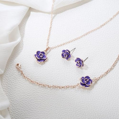 EleQueen Rose Flower Necklace Earrings Bracelet Set for Women - color: Light Purple-Rose Gold