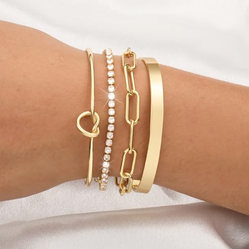Gold Bracelets Stack Jewelry for Women Non Tarnish Waterproof | 14K Gold Plated Bangle Cuff Bracelet Set Accessories - color: Gold, style: Style C