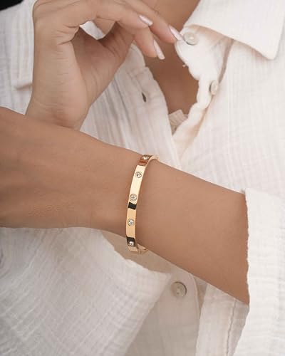 Gold Crystal Hinged Bangle Bracelet for Women – Stainless Steel Bezel Set Cubic Zirconia – Hypoallergenic Waterproof – Minimalist Stackable Jewelry – Gift for Her Backend: crystal hinged bangle gold cuff bezel cubic zirconia stackable bangle minimalist pu