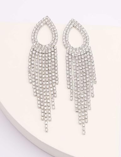 Rhinestone Teardrop Tassel Earrings Sparkly Crystal Bridal Party Jewelry for Women - color: Silver