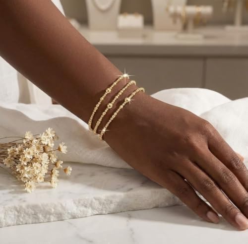 14K Gold Plated Beaded Bracelets Stack Set for Women,Stretch Boho Ball Jewelry Friendship Trendy - color: 3Pcs