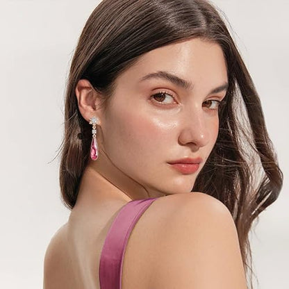 Austrian Crystal Teardrop Earrings Flower Dangle Earrings for Women 14K Gold Plated Drop Stud Earrings Hypoallergenic Jewelry - color: Rose Pink