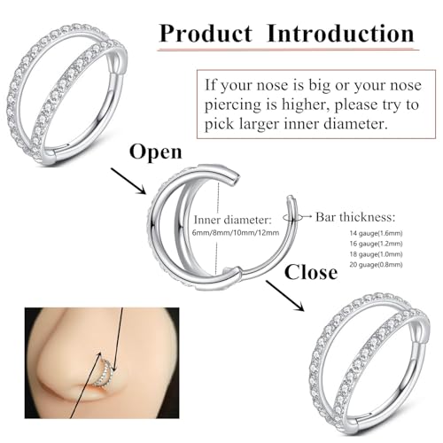 Nose Rings Hoops - 316L Surgical Steel Double Hoop Nose Rings Hinged Conch Piercing Jewelry Septum Lip Rings Cartilage Earring Helix Rook Tragus Daith - color: black