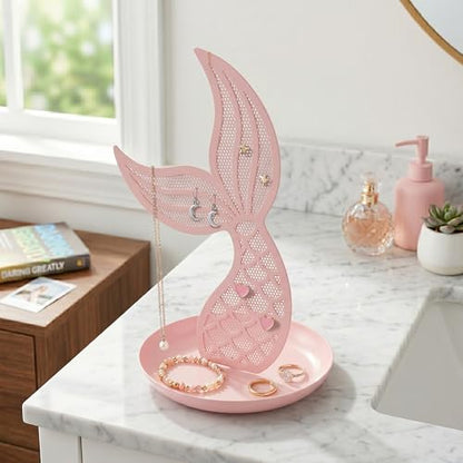 Earring Holder Organizer for Girls, Pink Mermaid Tail Metal Earring Stand with Tray for Rings, Bracelets and Necklaces, Cute Vanity Display - color: Pink Mermaid Tail