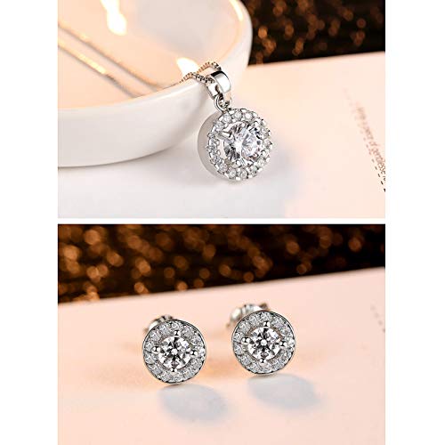 YooAi Jewellery Set Heart Pendant Necklace and Earrings Set Cubic Zirconia Jewellery for Women - color: Round Silver