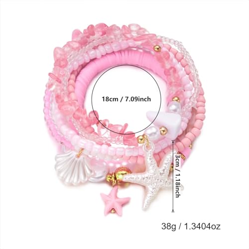 Boho Stackable Beaded Bracelet Set, Pink, Starfish Shell Pearl Charms, Elastic Handmade Layered Stretch Bracelets, Summer Beach Holiday Jewelry for Women - color: Pink A