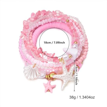 Boho Stackable Beaded Bracelet Set, Pink, Starfish Shell Pearl Charms, Elastic Handmade Layered Stretch Bracelets, Summer Beach Holiday Jewelry for Women - color: Pink A